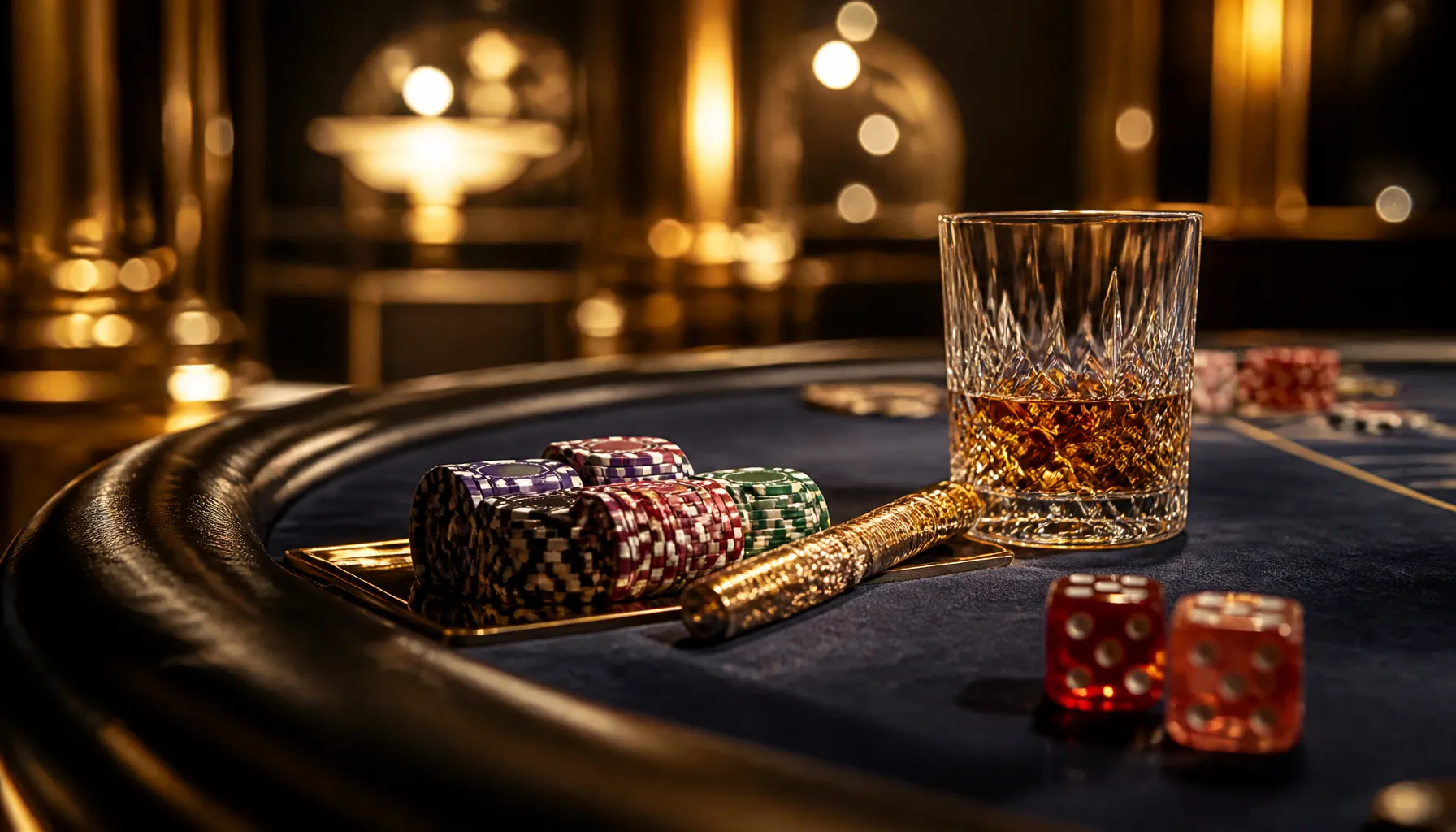 Cinematic close-up of a polished obsidian poker chip stack beside a golden crown on a dark velvet surface with dramatic warm
