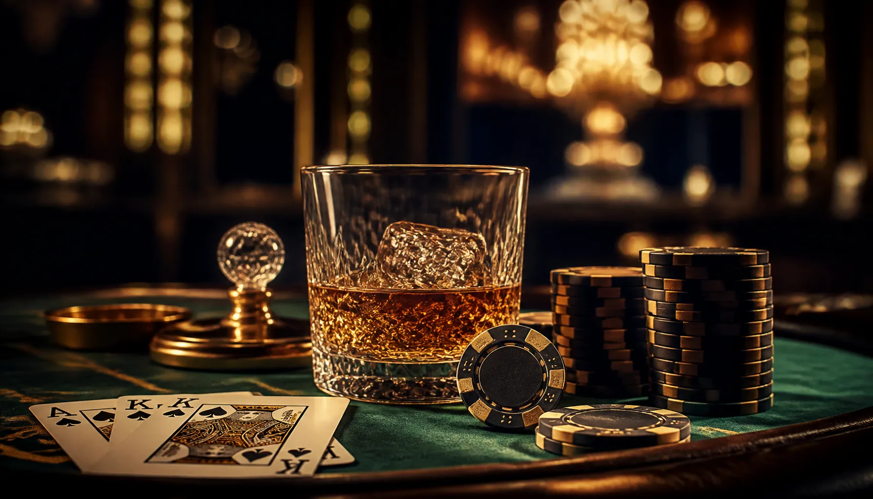 Close-up of gleaming gold casino chips stacked on a dark velvet surface with dramatic cinematic warm lighting